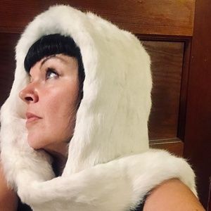 Full Fur Rabbit Hood with Scarf and Pompoms